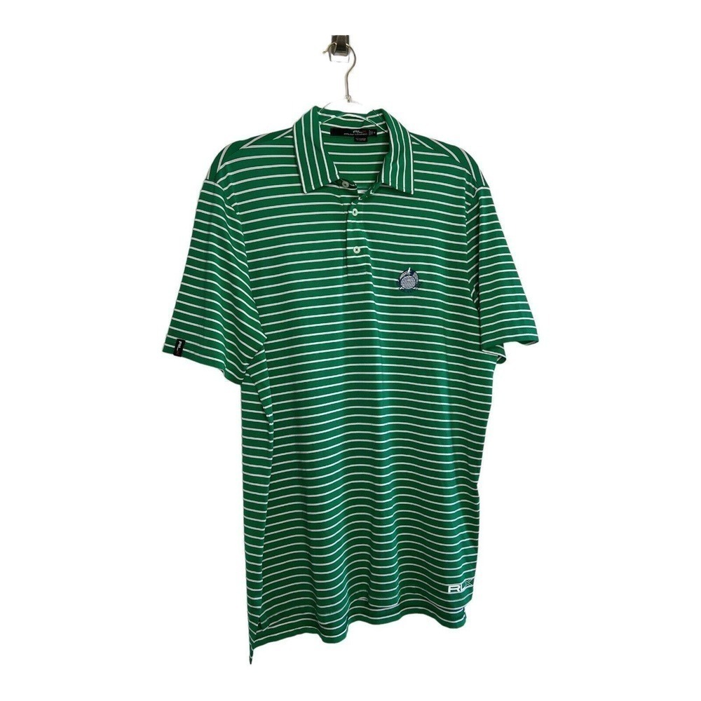 RLX Mens Size Medium Polo Shirt Green White Striped Wicking Stretchy Golf Collar